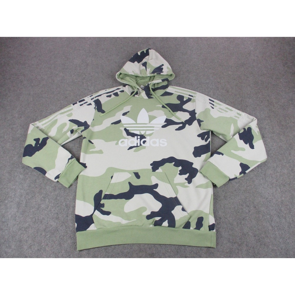 Adidas Hoodie Mens Medium Green White Camo Trefoil Logo Fleece Sweatshirt